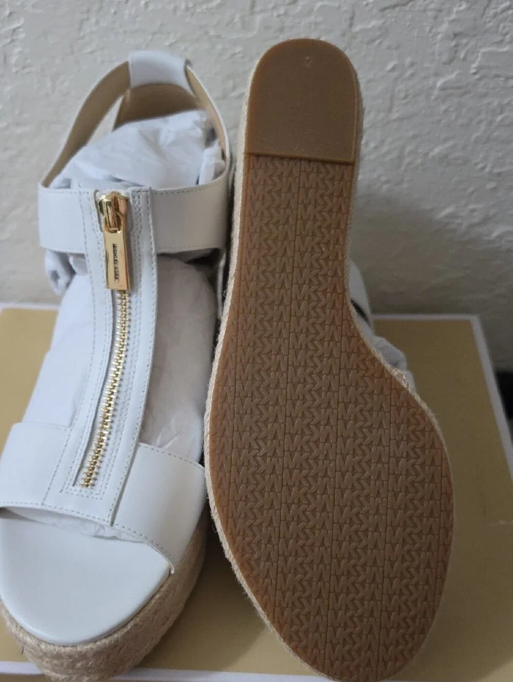 MICHAEL Michael Kors White Leather Espadrille Wedge Sandals with Gold Zipper